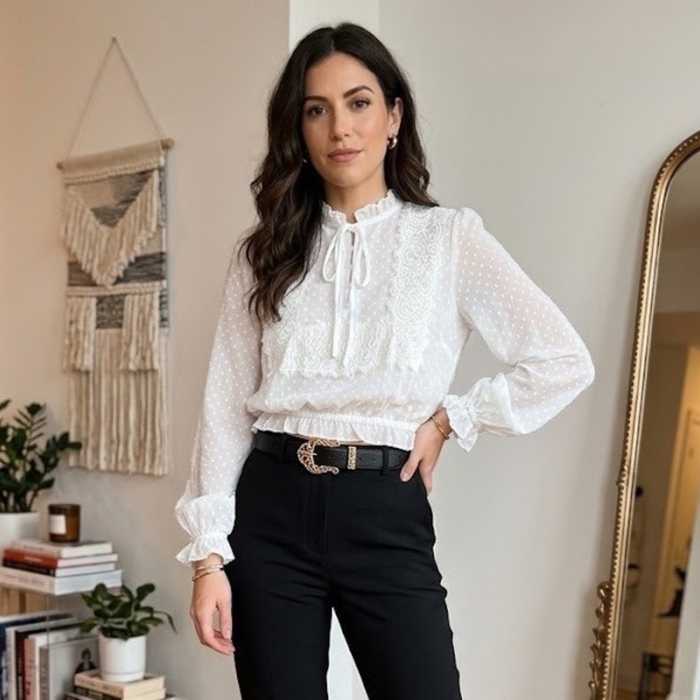 Anthropologie Storia White Swiss Dot Lace Trim Blouse Long Sleeve Ruffle Neck M